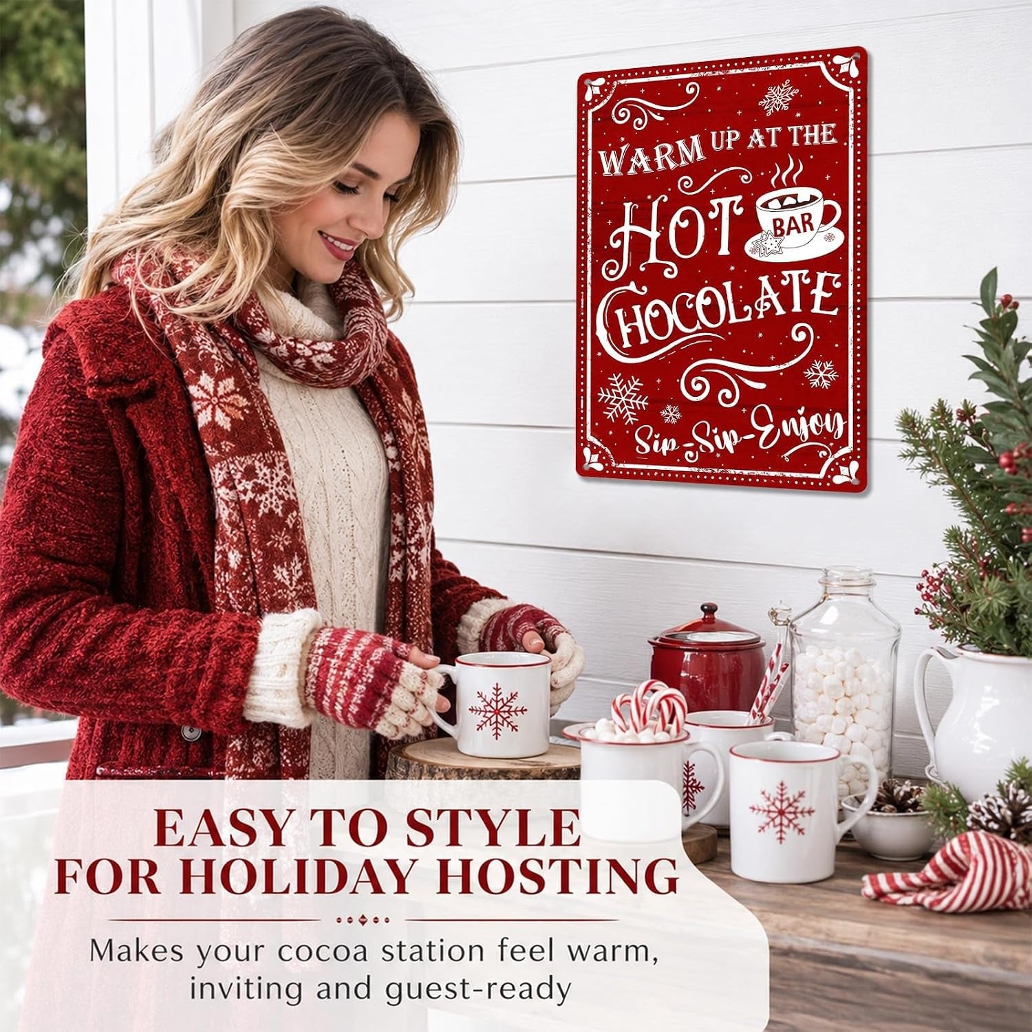 Hot Cocoa Station Sign, Metal Christmas Kitchen Accessories for Wall Decor