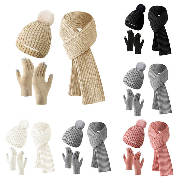 Solid Color Woven Hat Scarf And Gloves Warm Set