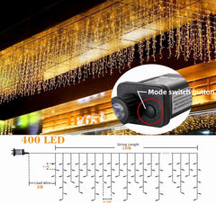 Icicle Christmas Lights Outdoor, 10M 400 LED Plug-In Waterproof Fairy String Lights with 8 Modes, Timer&Connectable, for Eaves, Gutters, House Roof, Garden, Patio & Party Decorations Warm White