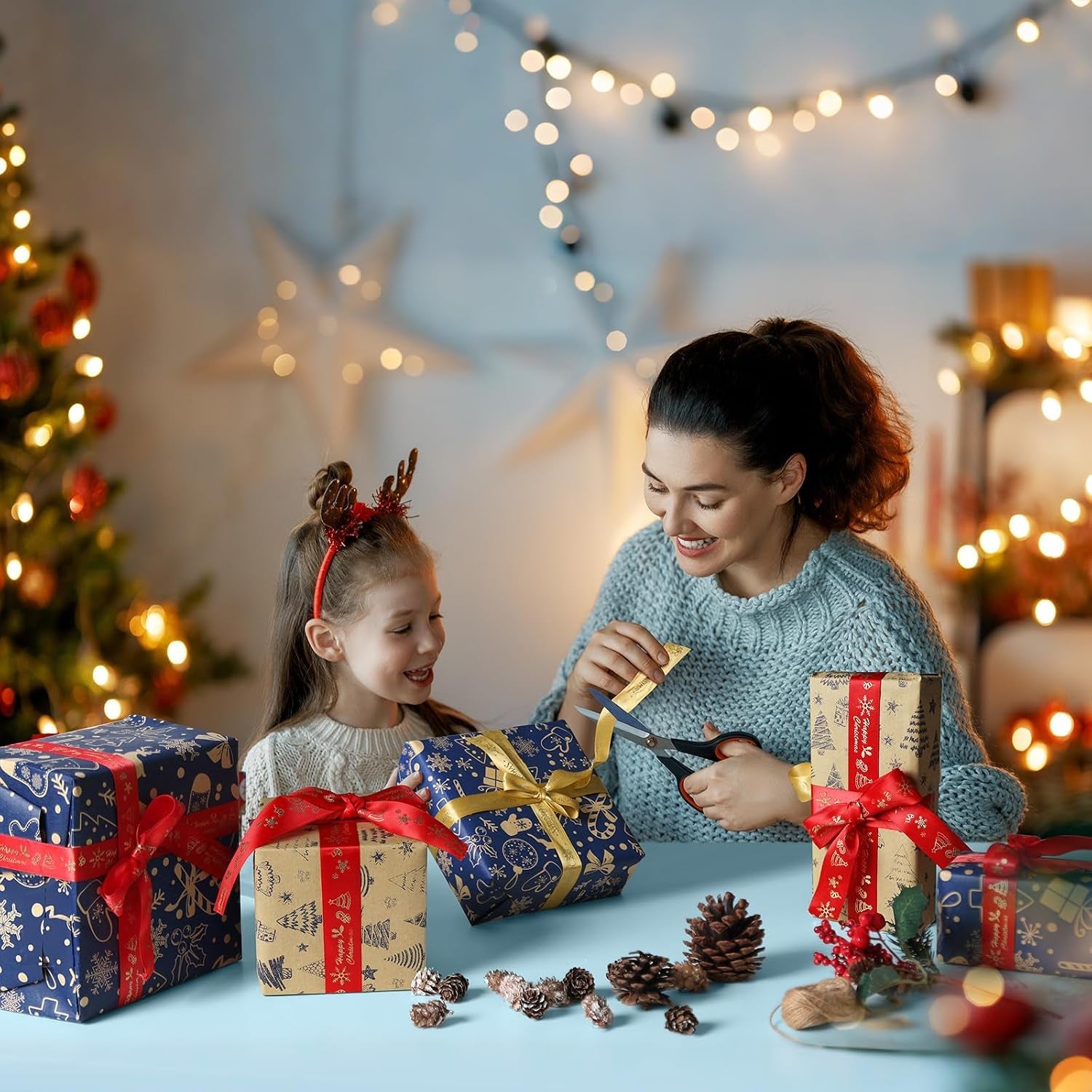 Christmas Wrapping Paper Roll Xmas Gift Wrap, Luxury Wrapping Papers 43Cm*10M Double-Sides Kraft Present Wrap Ornament for Secret Santa Claus Party New Year Festive Holiday