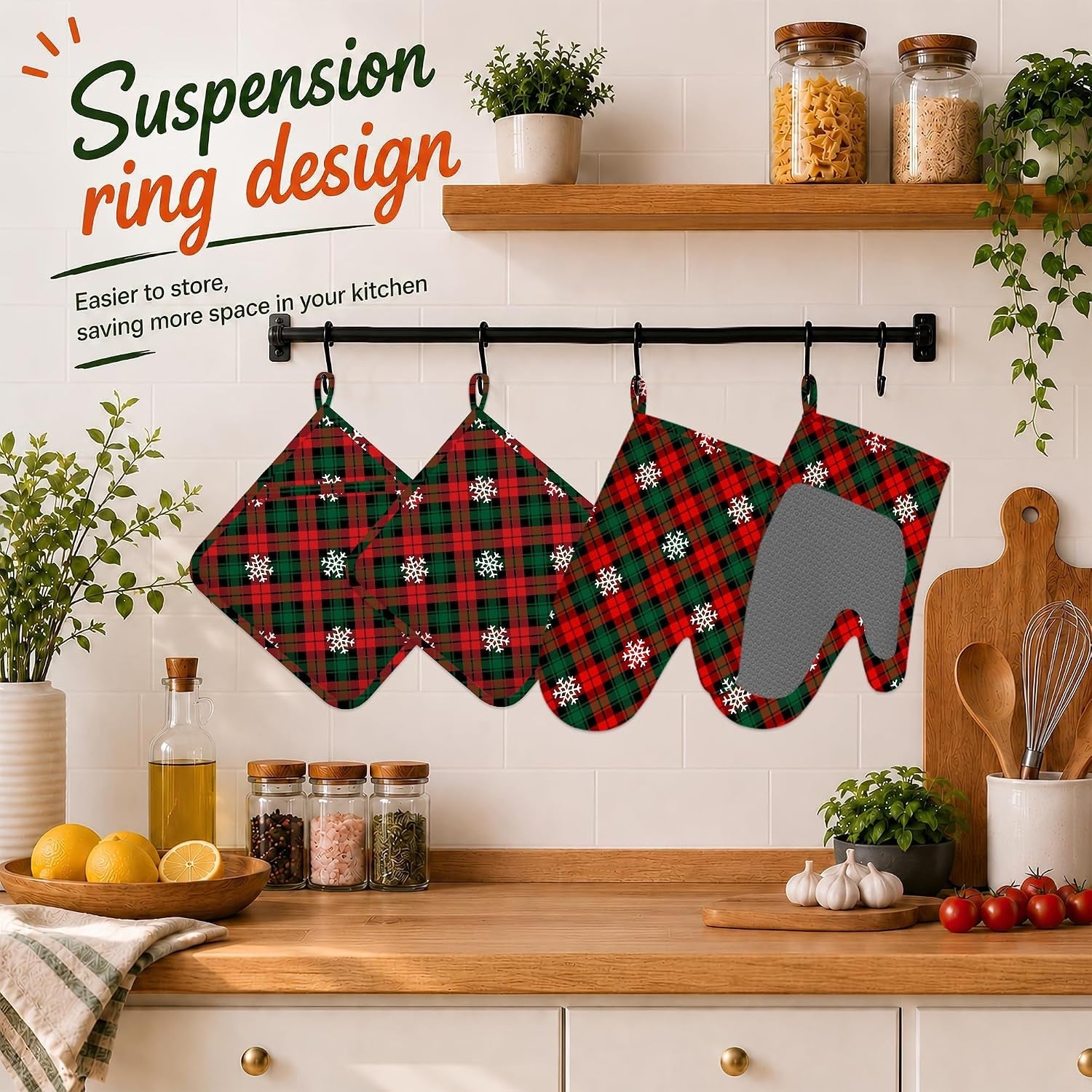 Oven Mitts and Pot Holders Red Green Plaids Silicone Kitchen Accessories Set of 4 Heat Resistant Gloves Retro Christmas Plaid Potholder Non-Slip Grip for Chef Cooking Baking Grilling BBQ