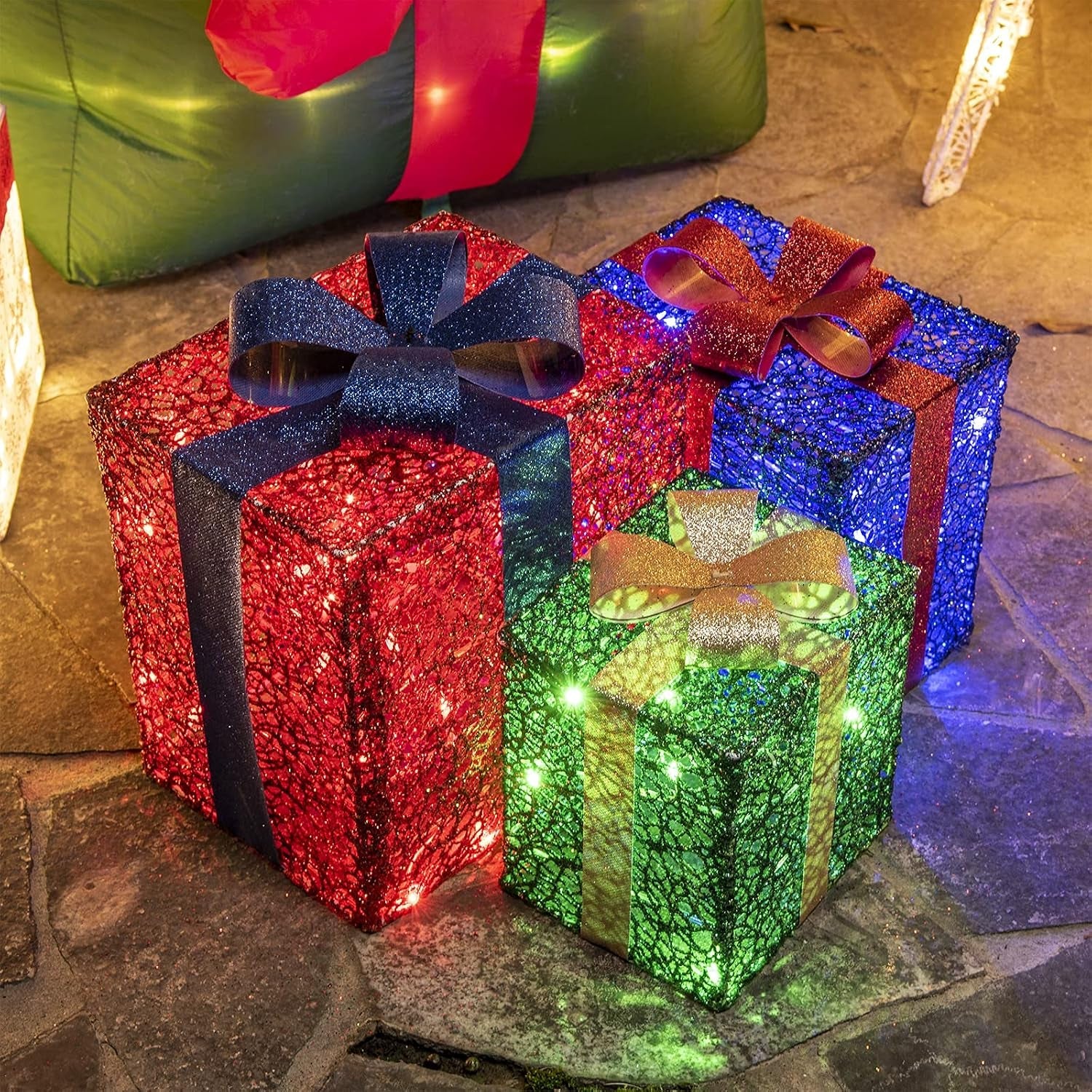 3PK Light up Boxes Multi-Colour LED Gift Box with Lights Plug in for Outdoor Christmas Decorations Gifts for Girls Kids Beloved