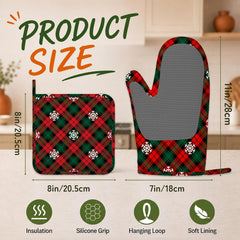 Oven Mitts and Pot Holders Red Green Plaids Silicone Kitchen Accessories Set of 4 Heat Resistant Gloves Retro Christmas Plaid Potholder Non-Slip Grip for Chef Cooking Baking Grilling BBQ