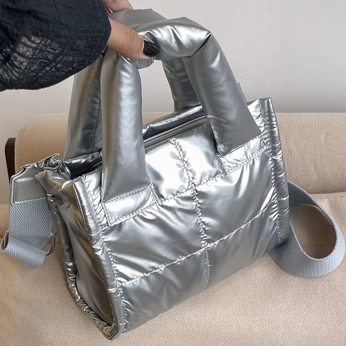 Women Quilted Casual Tote Handbag Large Capacity Padded Crossbody Purse Adjustable Strap Trendy Messenger Bag Simple Satchel Bag