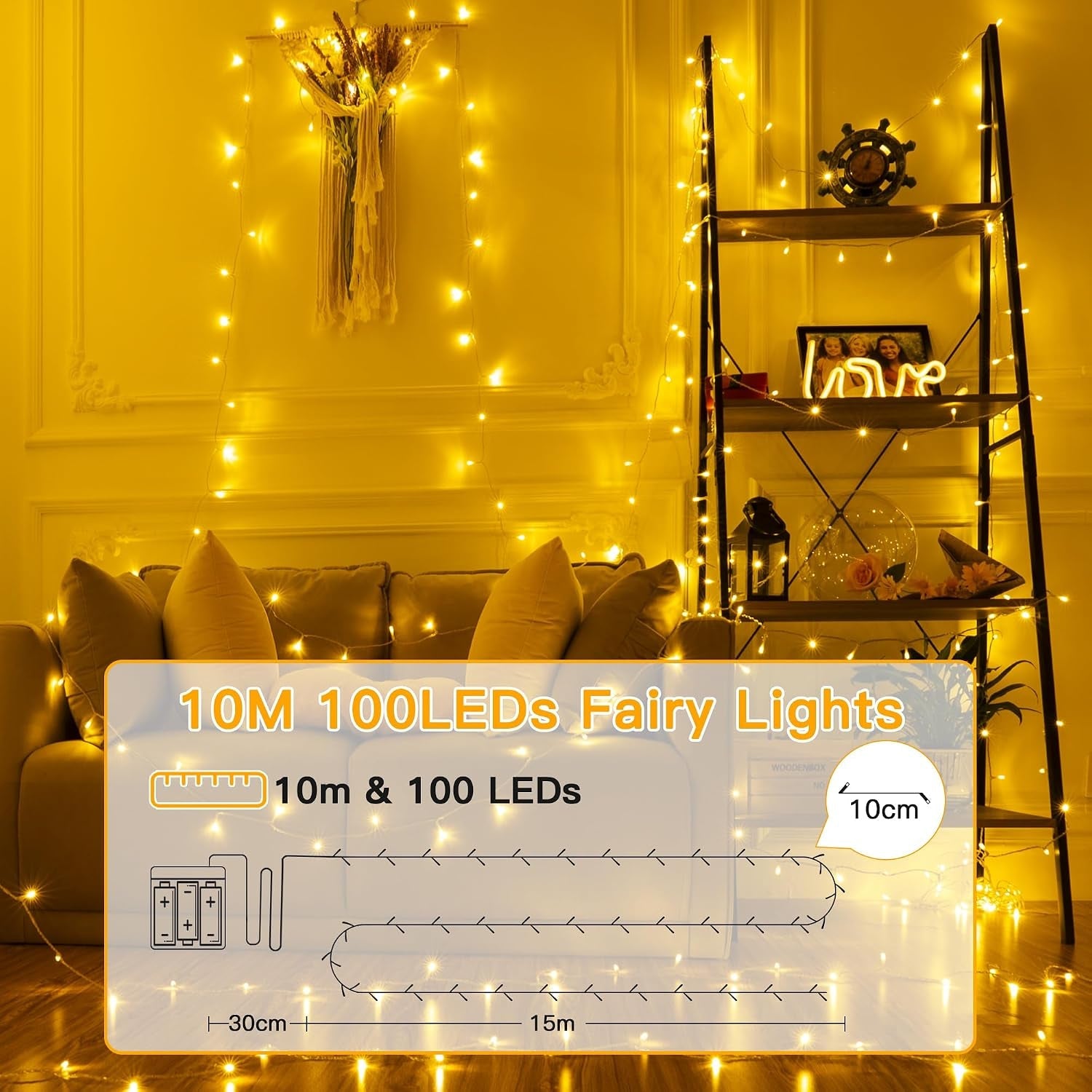 Fairy Lights Battery Operated, 10M 100 Leds Bright Battery Powered String Lights, Warm White outside Christmas Lights Waterproof with 8 Modes/Timer for Indoor Outdoor Bedroom Garden Decorations