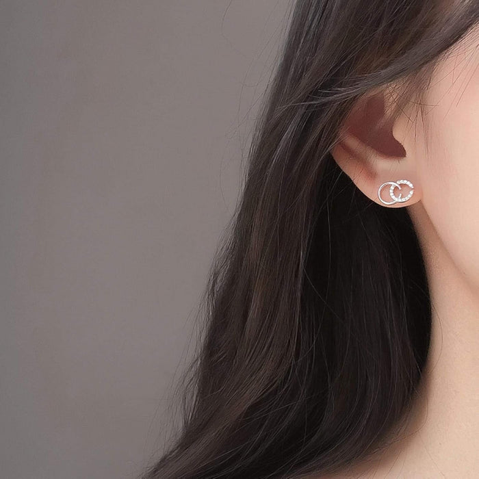 925 Sterling Silver Korean Sparkling Crystal English Letter Double C Stud Earrings Women Girl Sweet Jewelry-Silver