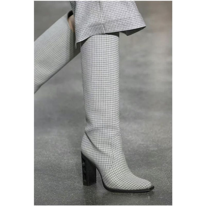 Pointed Toe Knee Boots Brand New Hollow Wooden High Heel