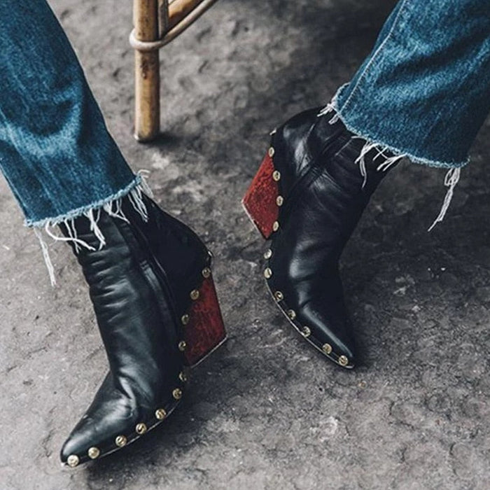 White Black Pointed Square Root Women's Ankle Boots