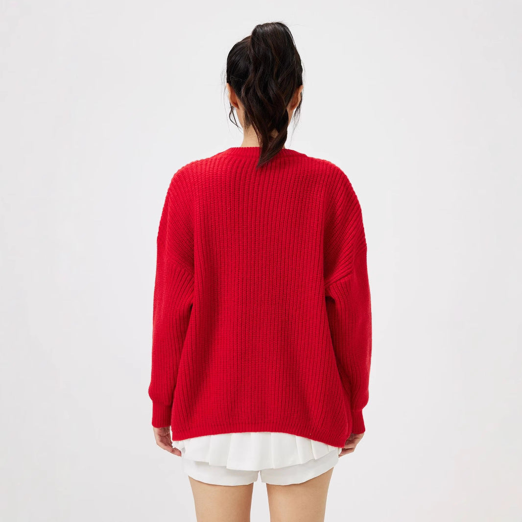 Red cartoon pattern sweater for women's Christmas