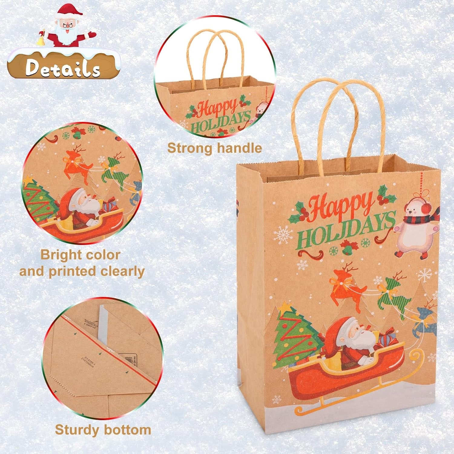 Christmas Kraft Paper Bags,  12 Pieces Xmas SMALL Assorted Paper Goodie Bags Bulk with Handle for Christmas Party Favor Supplies 145X210X80 Mm (Brown)
