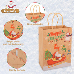 Christmas Kraft Paper Bags,  12 Pieces Xmas SMALL Assorted Paper Goodie Bags Bulk with Handle for Christmas Party Favor Supplies 145X210X80 Mm (Brown)