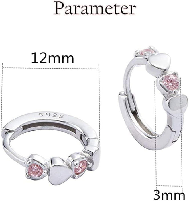 Double Love Heart Cubic Zirconia Sleeper Small Hoop Earrings for Women Teen Girls Sterling Silver Cartilage Tiny Cute Huggie Hoops Hypoallergenic for Sensitive Ear Pink CZ