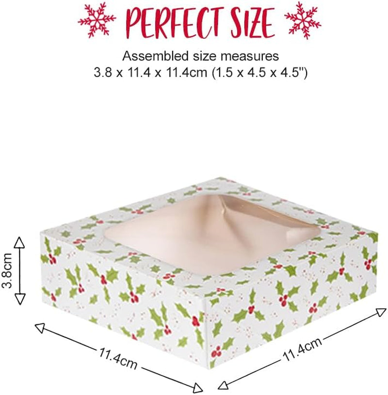 Christmas Cake Boxes with Holly Print - Recyclable Paper Packaging Boxes for Festive Baking, Gifting, Cookies, Brownies & Small Treats - 3-Pack, 3.8 X 11.4 X 11.4Cm