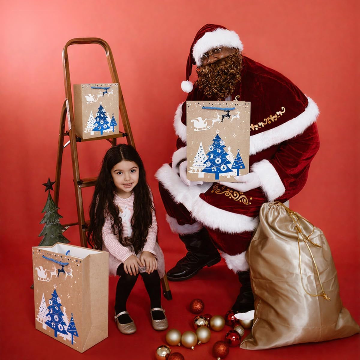 12Pack Christmas Gift Bags Sets,3 Assorted Sizes,4 Design