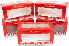 Christmas Log Boxes | 5 Pack | Red & Gold Christmas Display Boxes with See through Window, Strong Cake Boxes for the Festive Holidays | 8" X 4" - 5 Pack