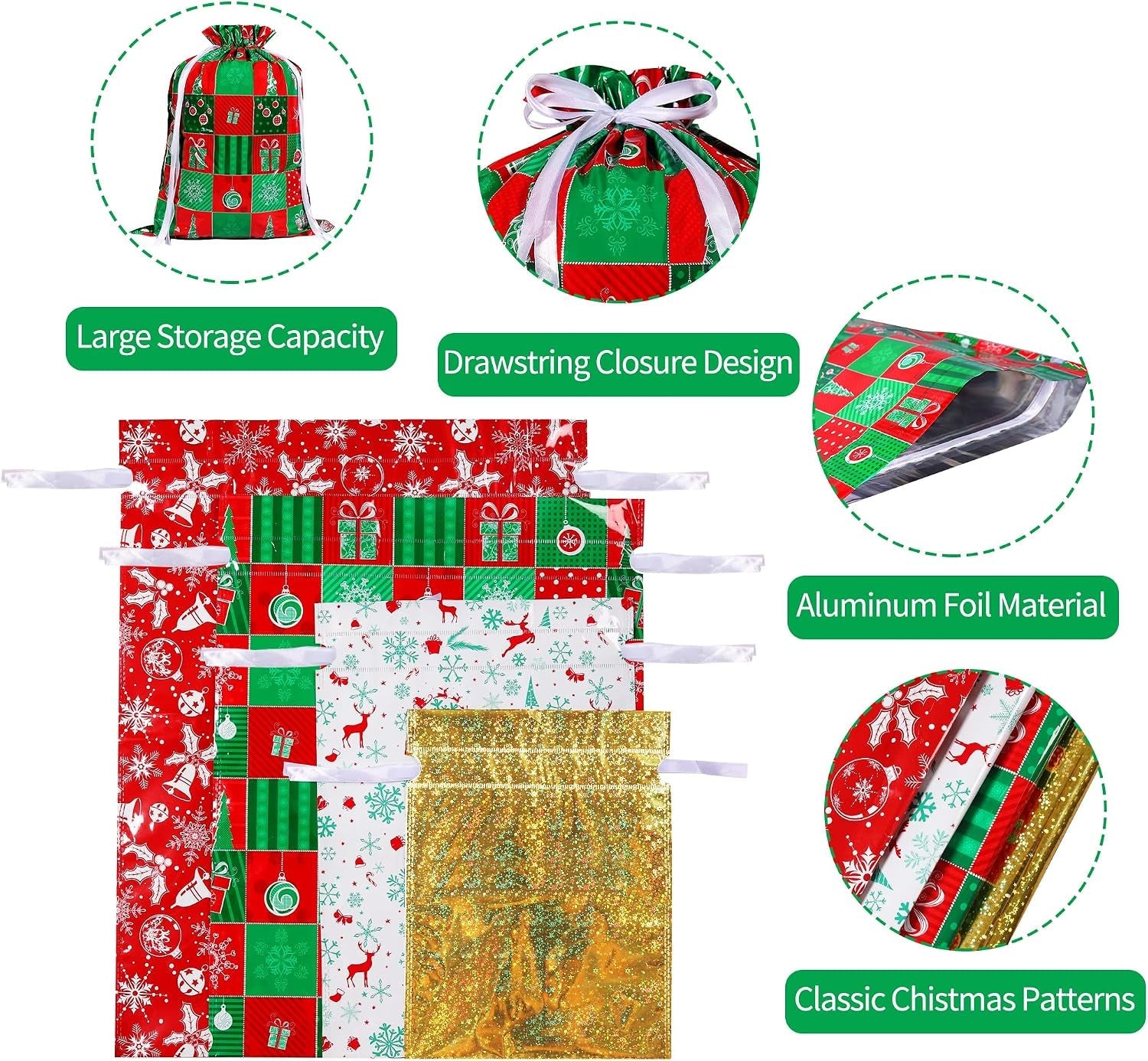 13Pcs Christmas Drawstring Gift Bags, Xmas Wrapping Bags with 6 Patterns Design, 4 Sizes Large Multipack Gift Bags, Reusable Candy Bag with String for Christmas Presents Birthday Party