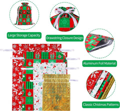 13Pcs Christmas Drawstring Gift Bags, Xmas Wrapping Bags with 6 Patterns Design, 4 Sizes Large Multipack Gift Bags, Reusable Candy Bag with String for Christmas Presents Birthday Party
