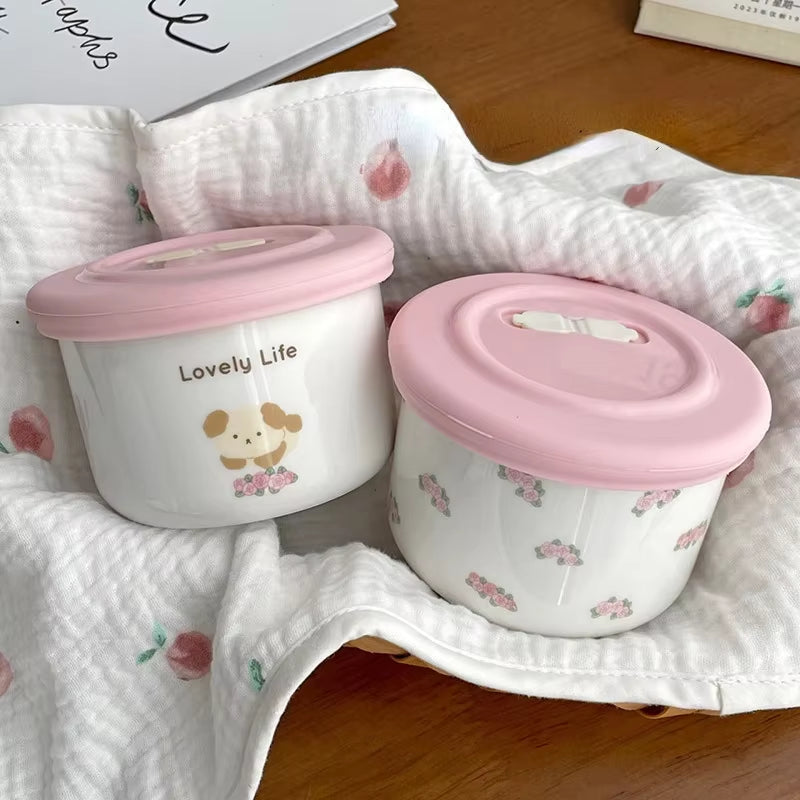 Cute Ceramic Snack Bowl with Lid, Exhaust Hole, Sealed and Fresh-Keeping Bowl, Small Lunch Box for Steaming and Cooking