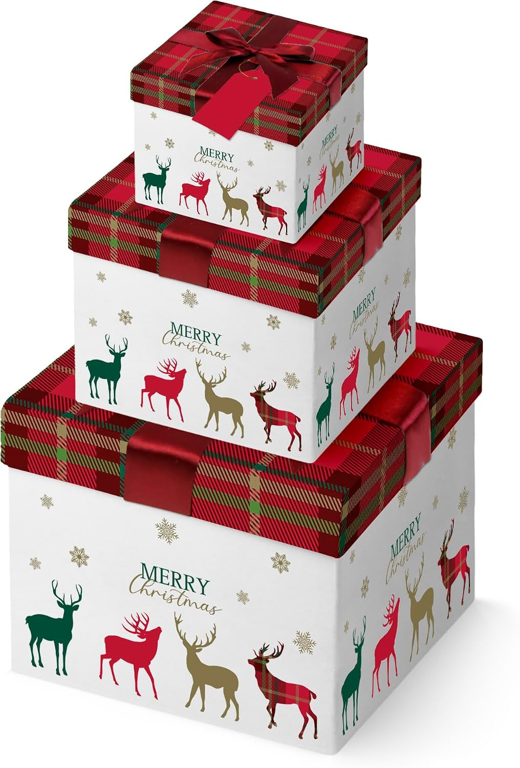 Tartan & Stag Square Christmas Stackable Gift Boxes – Pack of 3 Reusable Holiday Present Boxes with Festive Design
