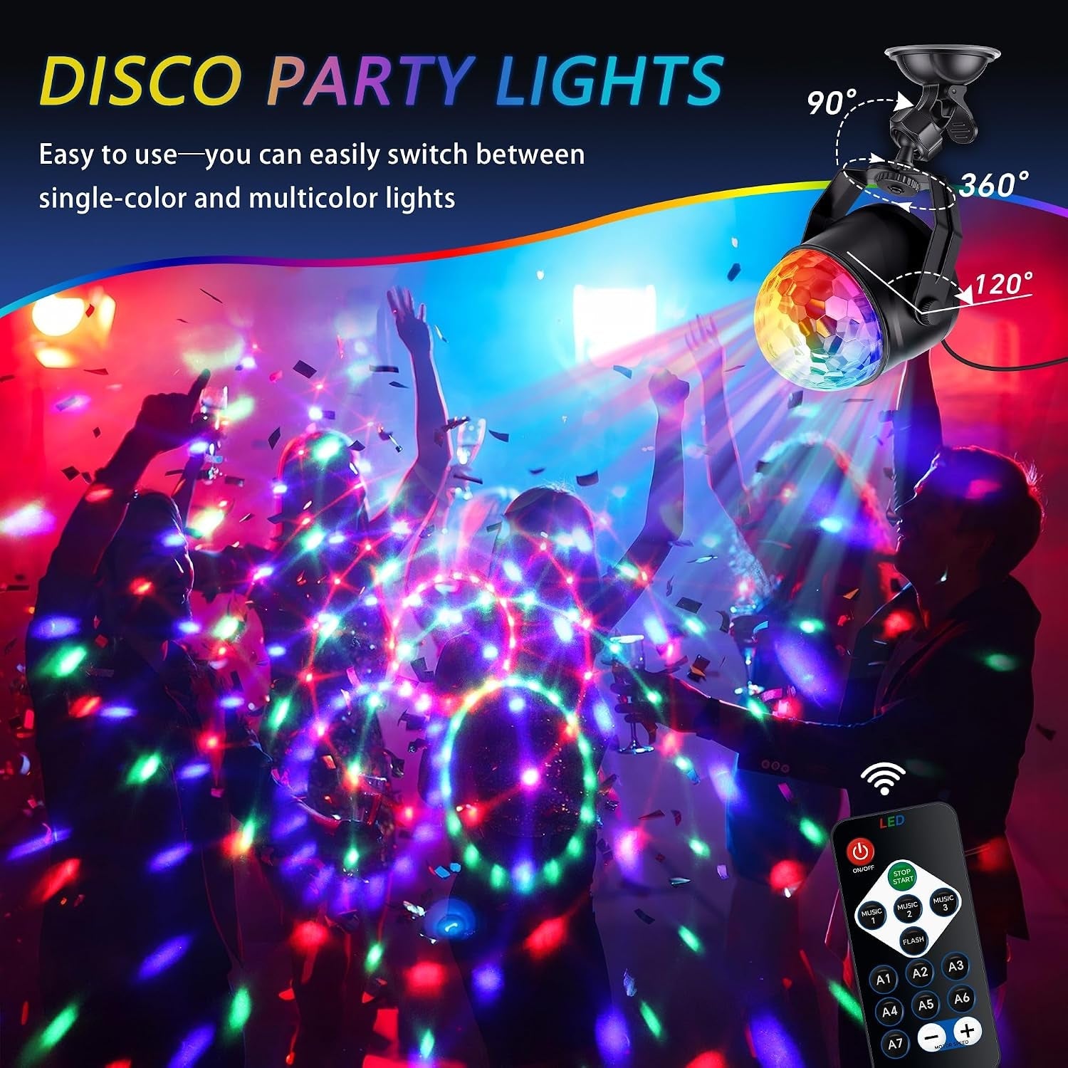 Disco Lights, Party Lights, 360°Rotation Sound Activated, LED Mini Disco Balls with Remote Control, 3W RGB, Portable Strobe Light for Birthday, Family, KTV, Halloween Christmas Decorations, 2 Packs