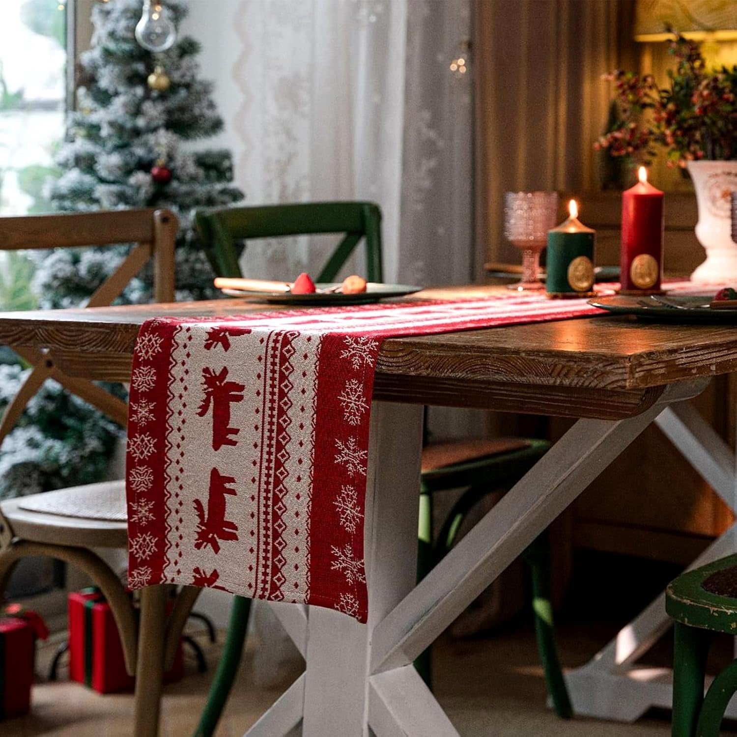 Christmas Table Runner, Red Modern Christmas Decorations with Christmas Reindeer and Snowflakes Xmas Pattern, Kitchen Dining Table Decoration for Home Party Decor, Winter Holiday, 35X180 Cm