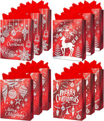 12Pack Medium Christmas Gift Bags,Red,4 Design,18 X 23 X 10CM