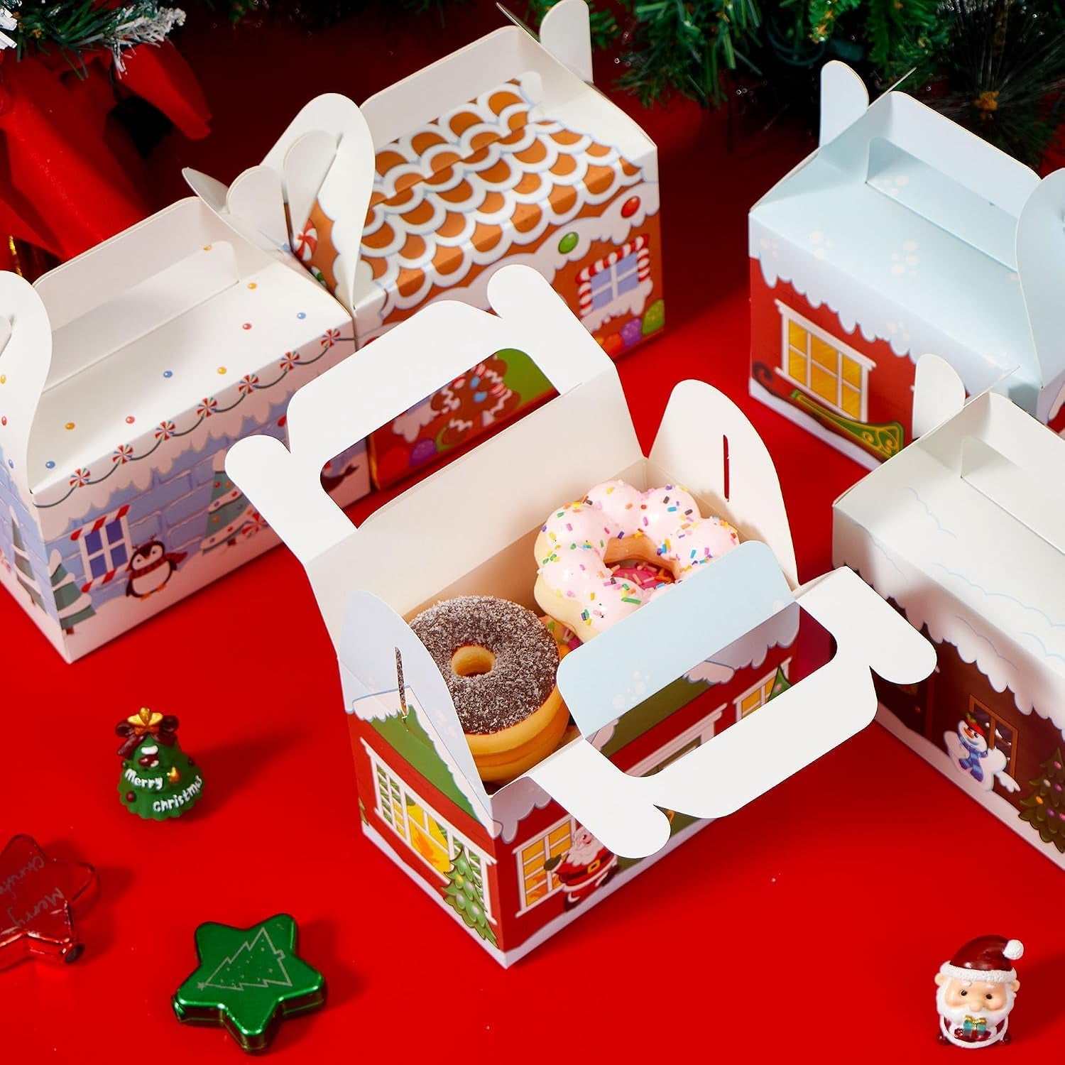 24 PCS 3D Christmas House Cardboard Treat Boxes for Holiday Xmas Goody Gift, Goodie Paper Boxes, School Classroom Party Favor Supplies, Candy Treat Cardboard Cookie Boxes