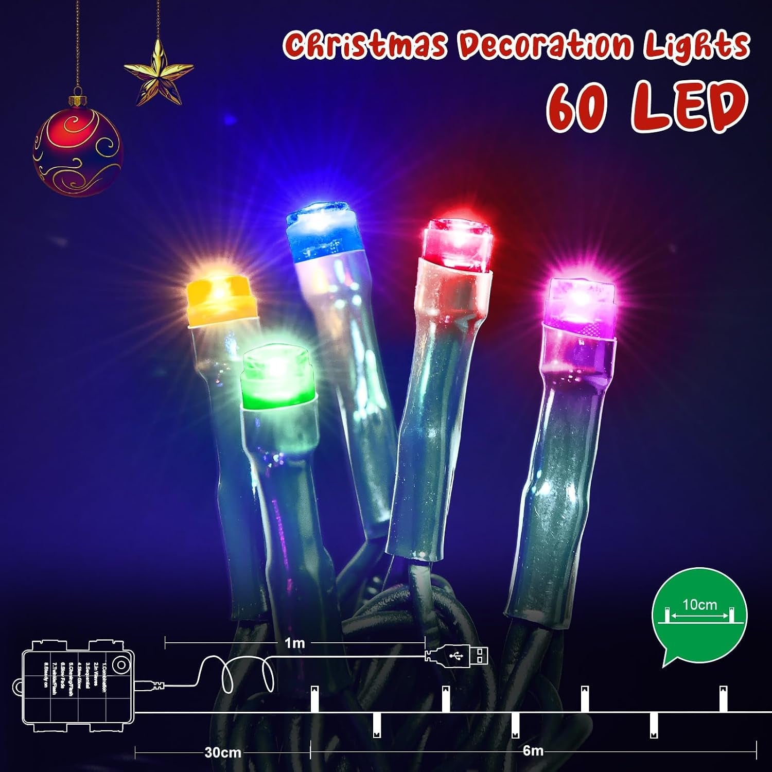 Fairy Lights 6M 60LED Fairy String Lights USB or Battery Operated with Timer, 8 Modes, Waterproof Green Wire Multicolour Christmas Lights for Indoor Outdoor Bedroom Wedding Birthday Wreath Xmas