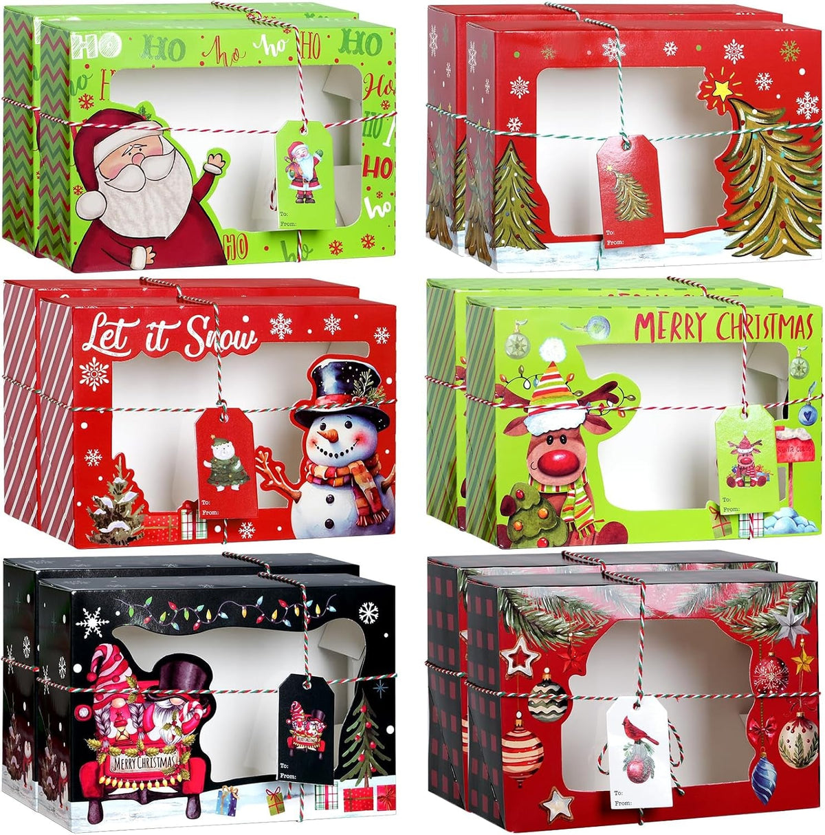 12Pcs Christmas Cookie Box 22X15X7 CM, 6 Designs Xmas Treat Gift Box with Clear Window Ribbon Tag, Christmas Cupcake Cookies Pastries Brownies Donuts Box Holiday Party Supply Gift Giving