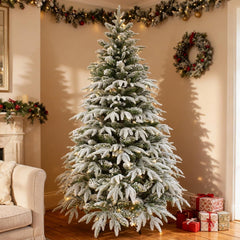 7Ft/2.1M Pre-Lit Artificial Christmas Tree Lapland Fir - 320 LED Warm White Lights, Snow Flocked 1205 PE/PVC Tips, Snowy Bushy Hinged Branches, Metal Stand for Xmas Home Decorations