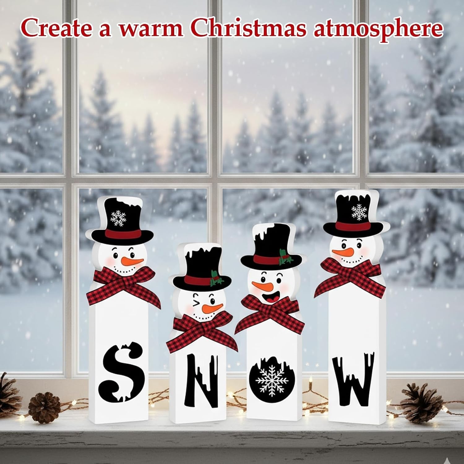 Christmas Decorations, Set of 4 Snowman Tabletop Decor, Traditional Indoor Xmas Decorations, 15 Cm Festive Holiday Centerpiece for Home and Kitchen