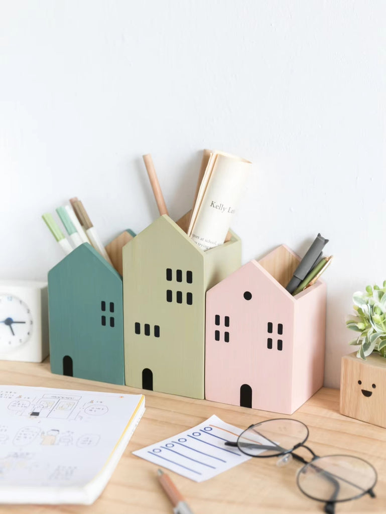 Cartoon House Wooden Pen Holder Pencil Container Makeup Brush Stationery Storage Box Student/ Office Desktop Storage Organiser