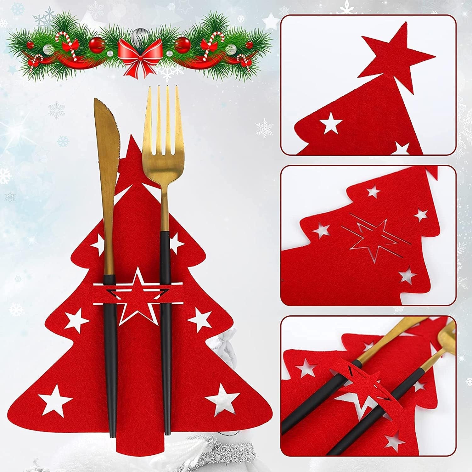 8 Pcs Christmas Silverware Holders Set Xmas Table Decorations Christmas Tree Star Angel Cutlery Holders Pockets Knifes Forks Tableware Bags Dinnerware for Party Home Restaurant Dinner Kitchen Decor