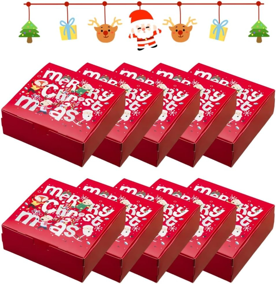 10 Packs 14X14X5Cm Red Merry Christmas Boxes with Lids, Gift Boxes, Xmas Party Favor Treats, Bakery, Gift Packaging