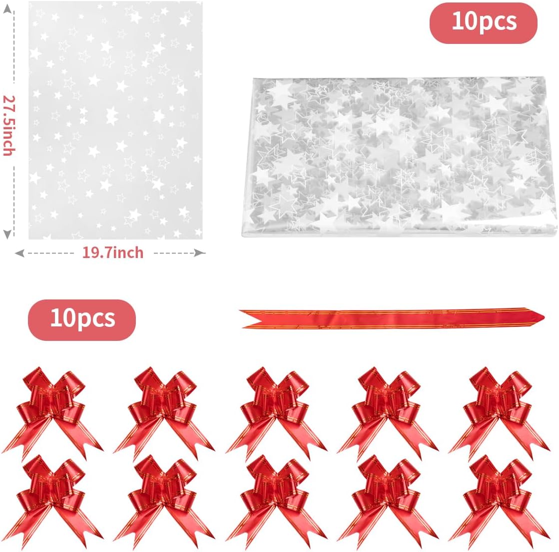 10Pcs Large Star Cellophane Gift Bags, 70 X 50Cm Cellophane Wrap Bags with Pull Bows Resealable Basket Gift Bag for Hamper Making Birthday Christmas Festival Presents or Fruit Packaging