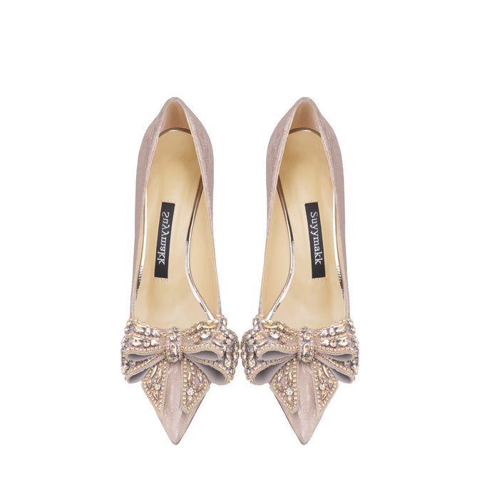 Leather Rhinestone Golden Bowknot High Heel