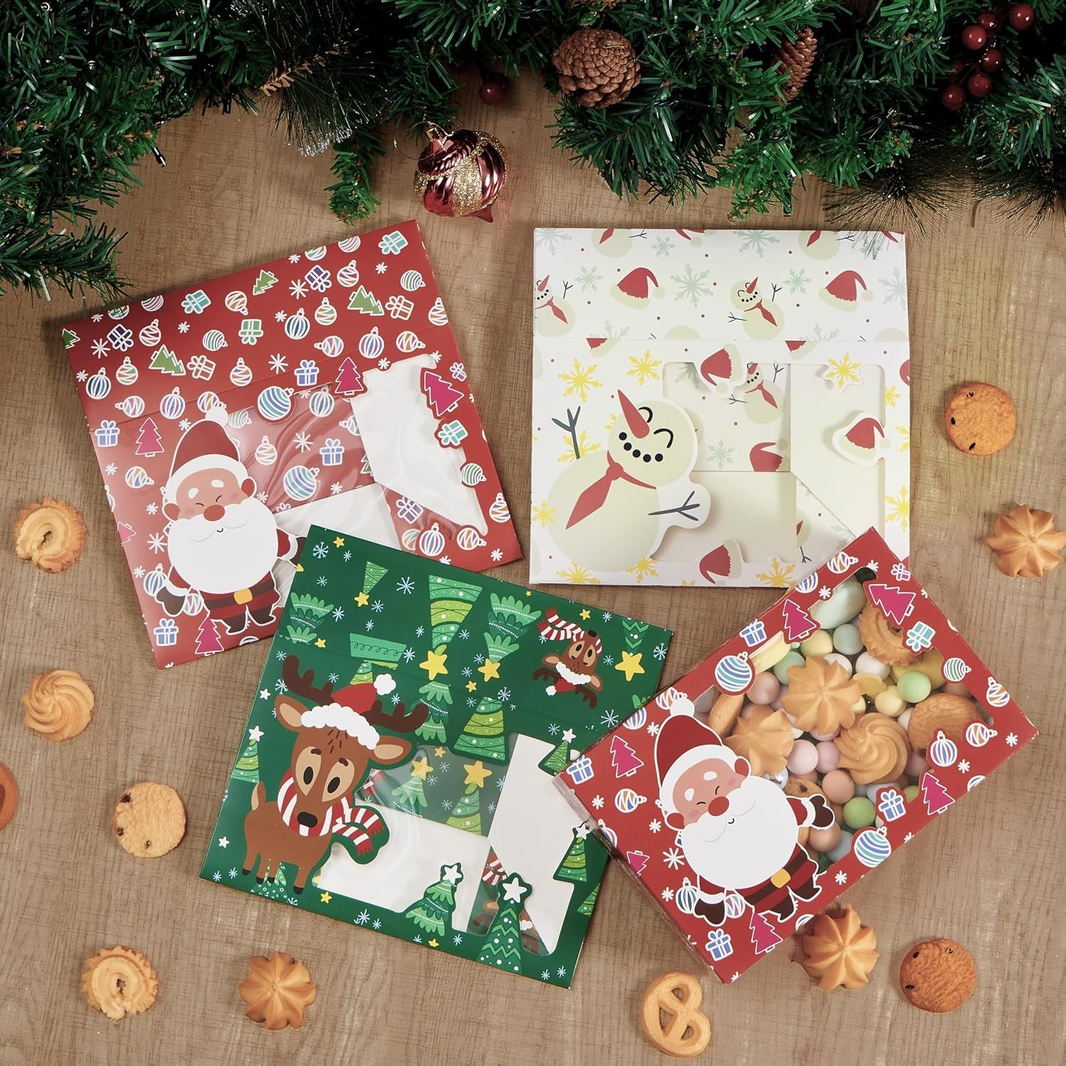 12 PCS Christmas Cookie Boxes for Gift Giving, 8.75" X 5.75" X 2.75" Bakery Treat Boxes Containers with Window for Xmas Holiday Birthday Party Pastries, Cupcakes, Brownies, Donuts, Baked Goods