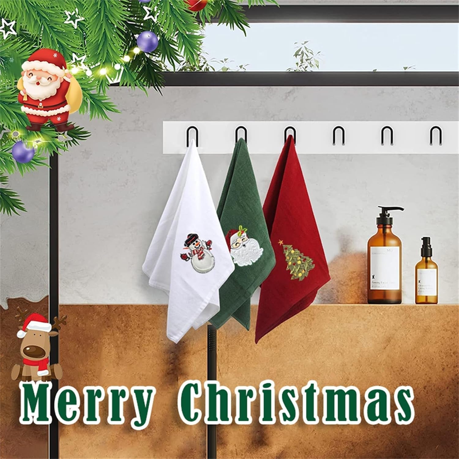 Set of 3 Hand Towels for Kitchen and Bathroom 12X18In Cotton Embroidered Dish Towels Christmas Theme Decorative Towels Gift (Red White Green, One Size)