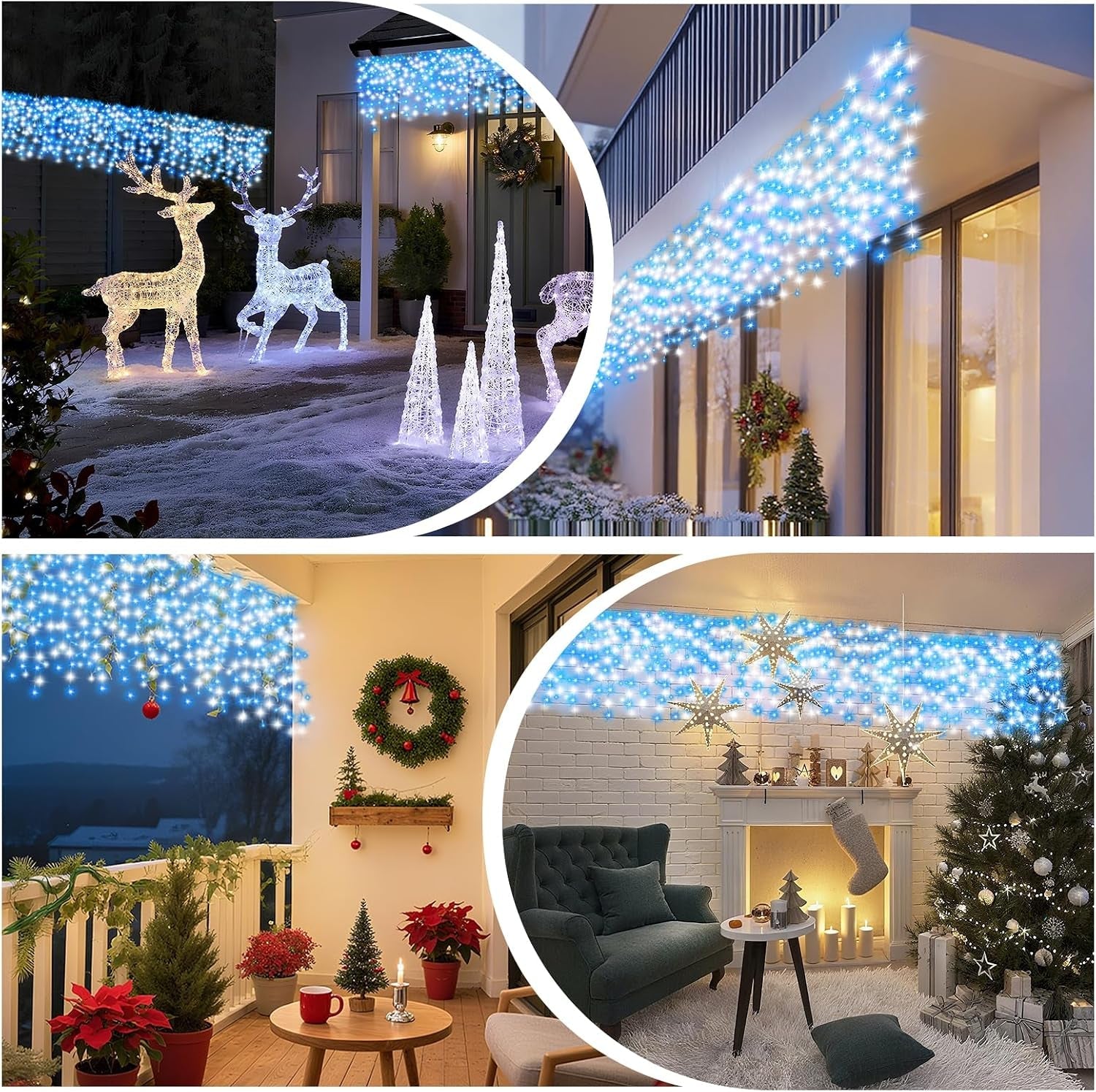 Christmas Icicle Lights Outdoor Blue White 480LED 50FT Icicle Christmas Lights with 8 Modes Timer Waterproof, for Eaves, Pavilion, Fences, Patio, Gardens, White&Blue