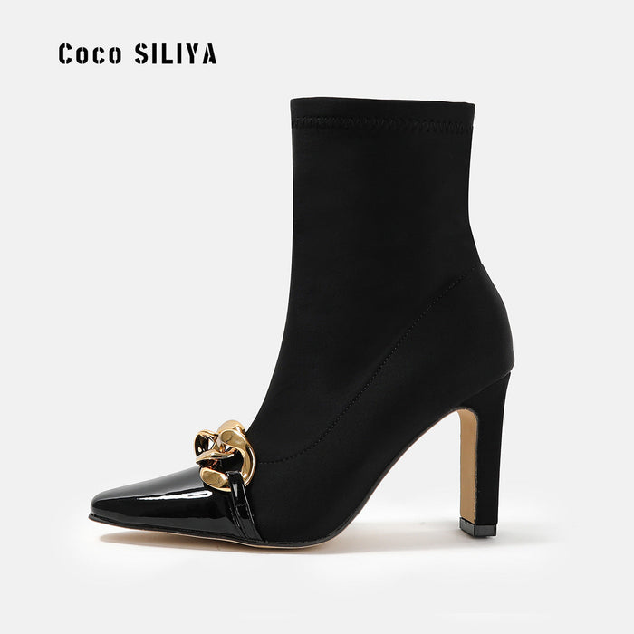 New Short Boots Women's Pointed Toe High Heel Thick Heel
