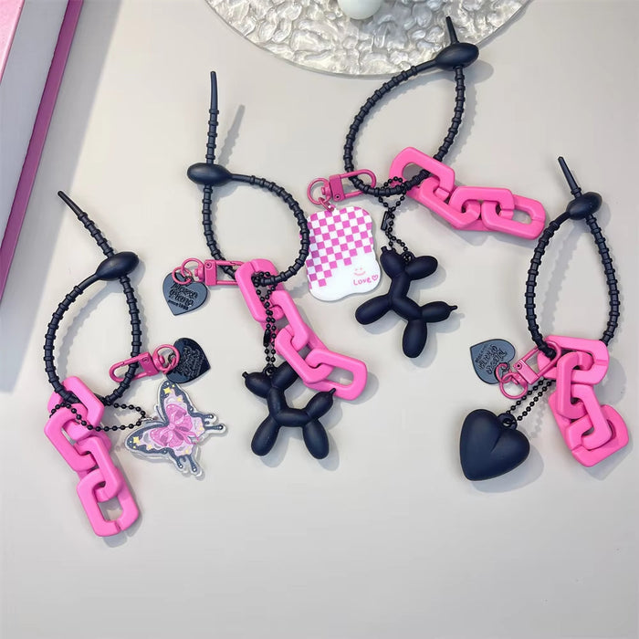 Plum Red Chain Balloon Dog Card Holder Keyring Women Featuring Spicy Girl Heart-Shaped Pink Bow Design Unique Trendy Bag