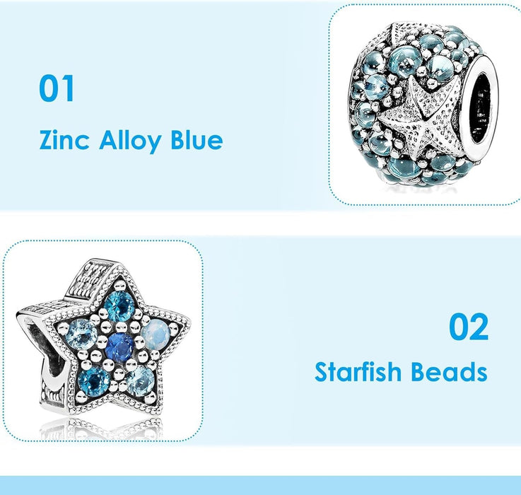 Silver Charms for Bracelets - Summer Ocean Sea Star Pendant with DIY Cube Zirconia Beads, Fashion Jewelry Suitable for Pandora Bracelet Making, DIY Gifts for Women and Girls 2PCS