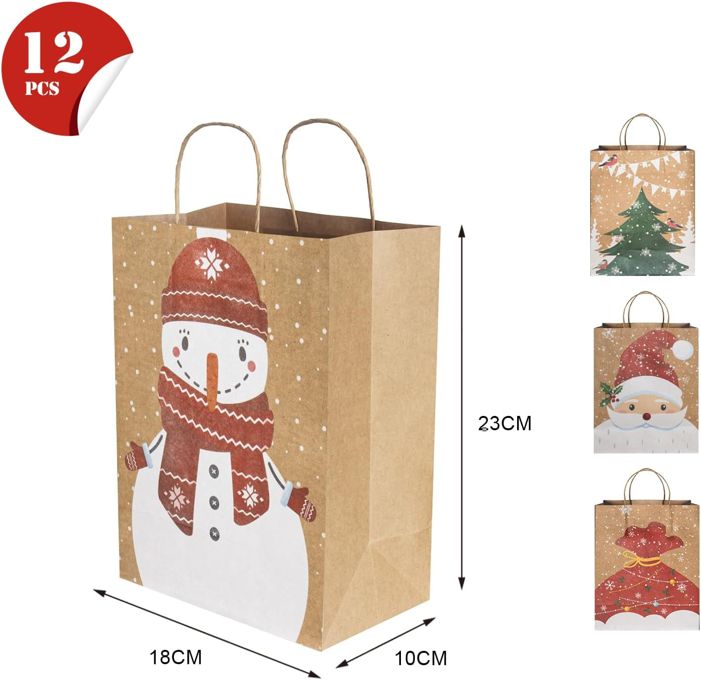 12PCS Kraft Christmas Paper Bags with Handles, 23X18X10Cm Jute Brown, 4 Festive Designs for Holiday Party Favours, Gift Wrapping & Xmas Decor