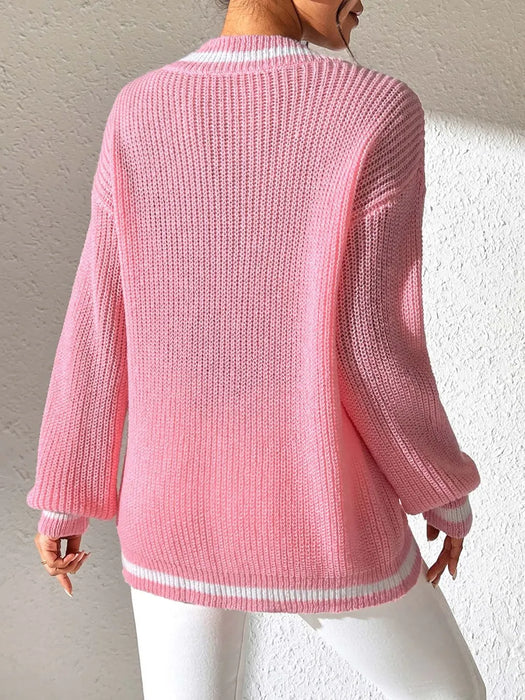 Women's Top Color Contrast Splicing V-neck Long Sleeve Sweater