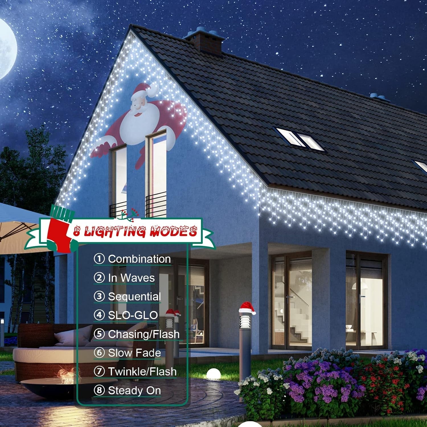 Icicle Lights Outdoor, 15M 360Leds Icicle Christmas Lights Mains Powered with Timer & Waterproof &Memory Hanging Fairy Light for outside House Gutter Roof Wall Xmas Decorations-Cool White