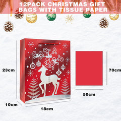 12Pack Medium Christmas Gift Bags,Red,4 Design,18 X 23 X 10CM