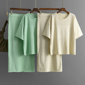 Hollow out short sleeved knitted top half skirt two-piece set