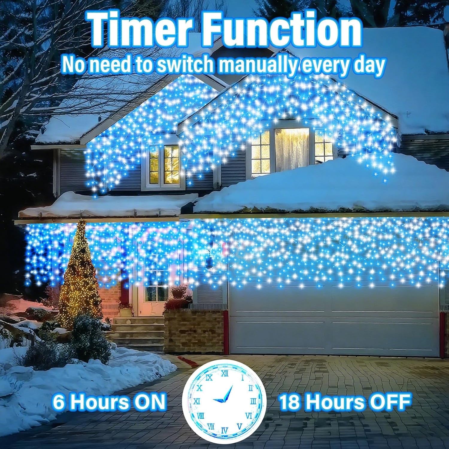 Christmas Icicle Lights Outdoor Blue White 480LED 50FT Icicle Christmas Lights with 8 Modes Timer Waterproof, for Eaves, Pavilion, Fences, Patio, Gardens, White&Blue