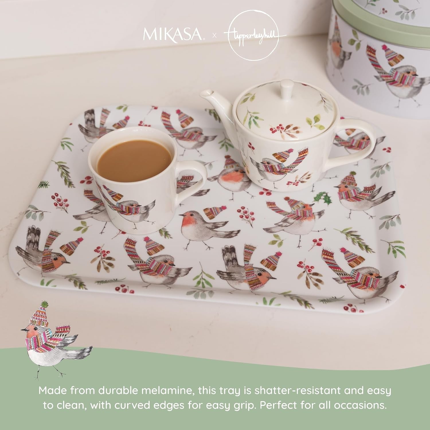 Tipperleyhill Large Rectangle Serving Tray, 43.5Cm X 32Cm Melamine Kitchen Tray, Perfect for Dinner and Drinks, Suitable for All Occasions, Christmas Robin Themed Collection, Ideal for Gifting