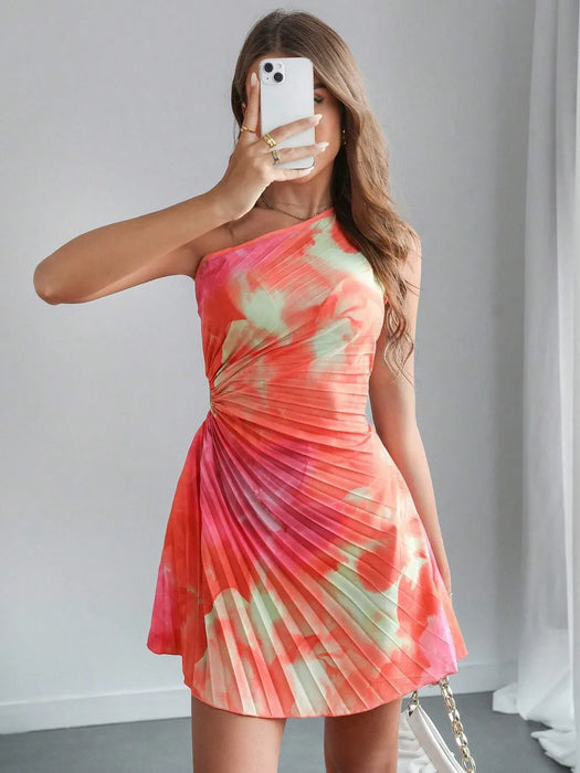 Cutout Drawstring Pleated Tie-Dye Sleeveless Mini Dress